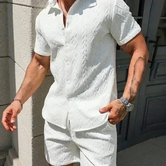 White Casual Men's Summer Solid Textured Shirt And Shorts Set